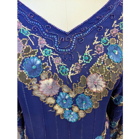 Vintage 70s Painted & Beaded Chiffon Dress from Germany Formal Prom Gown Sz L - Picture 14 of 16